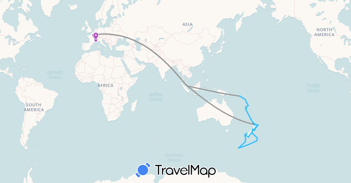 TravelMap itinerary: driving, bus, plane, train, boat in Australia, France, New Caledonia, New Zealand, Solomon Islands, Singapore, Vanuatu (Asia, Europe, Oceania)